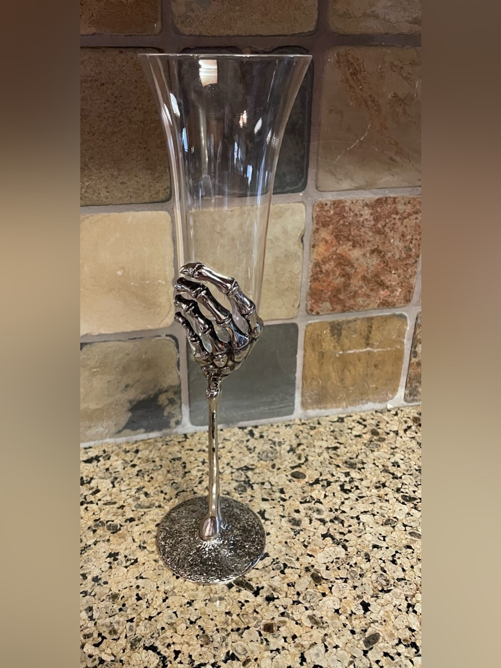 Skeleton Hand Champagne Glass in Silver Metal and Clear Glass